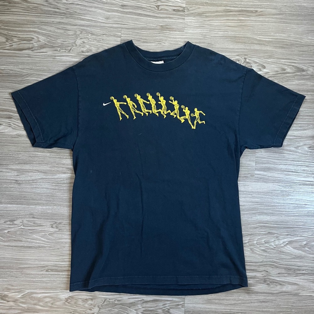 Vintage Y2K Nike Mens Basketball Graphic T-Shirt Navy Blue Yellow Swoosh Large